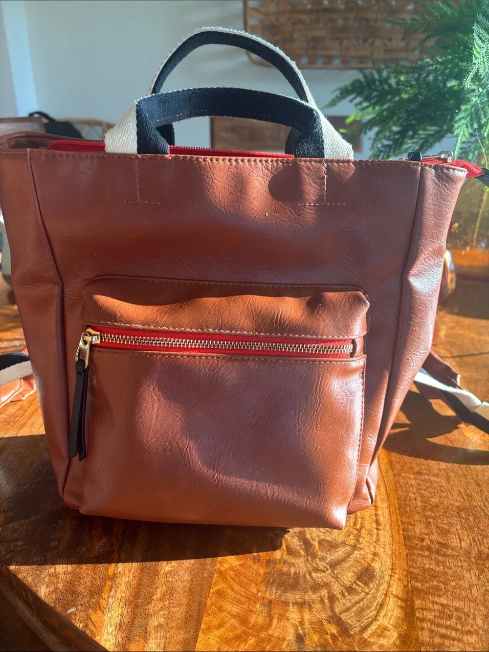 Women's Brown Faux Leather Tote with Red Zip Accent